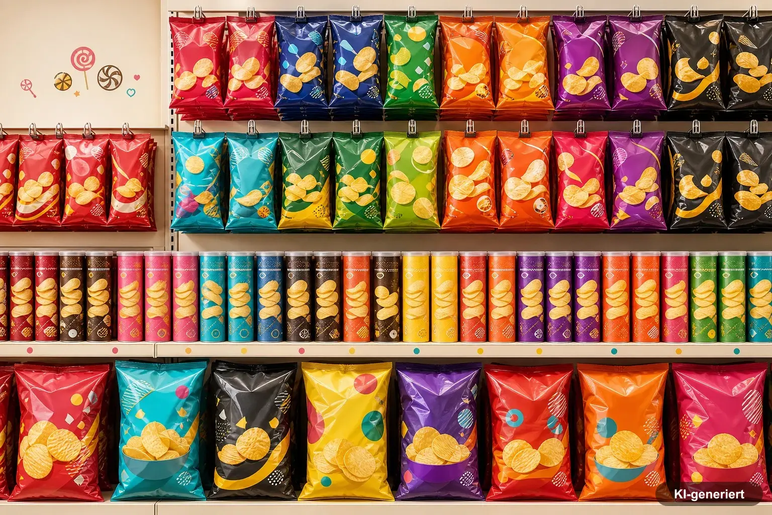 Chipstüten und Stapelchips-Dosen verschiedener Marken, original verpackt im Knabberregal einer Süßwarenwelt-Filiale