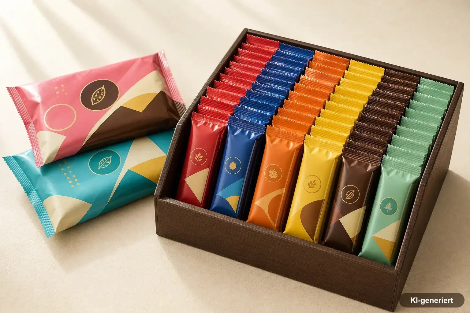 Original verpackte Schokoriegel und Snack-Multipacks bekannter Marken ordentlich im Verkaufsregal aufgereiht