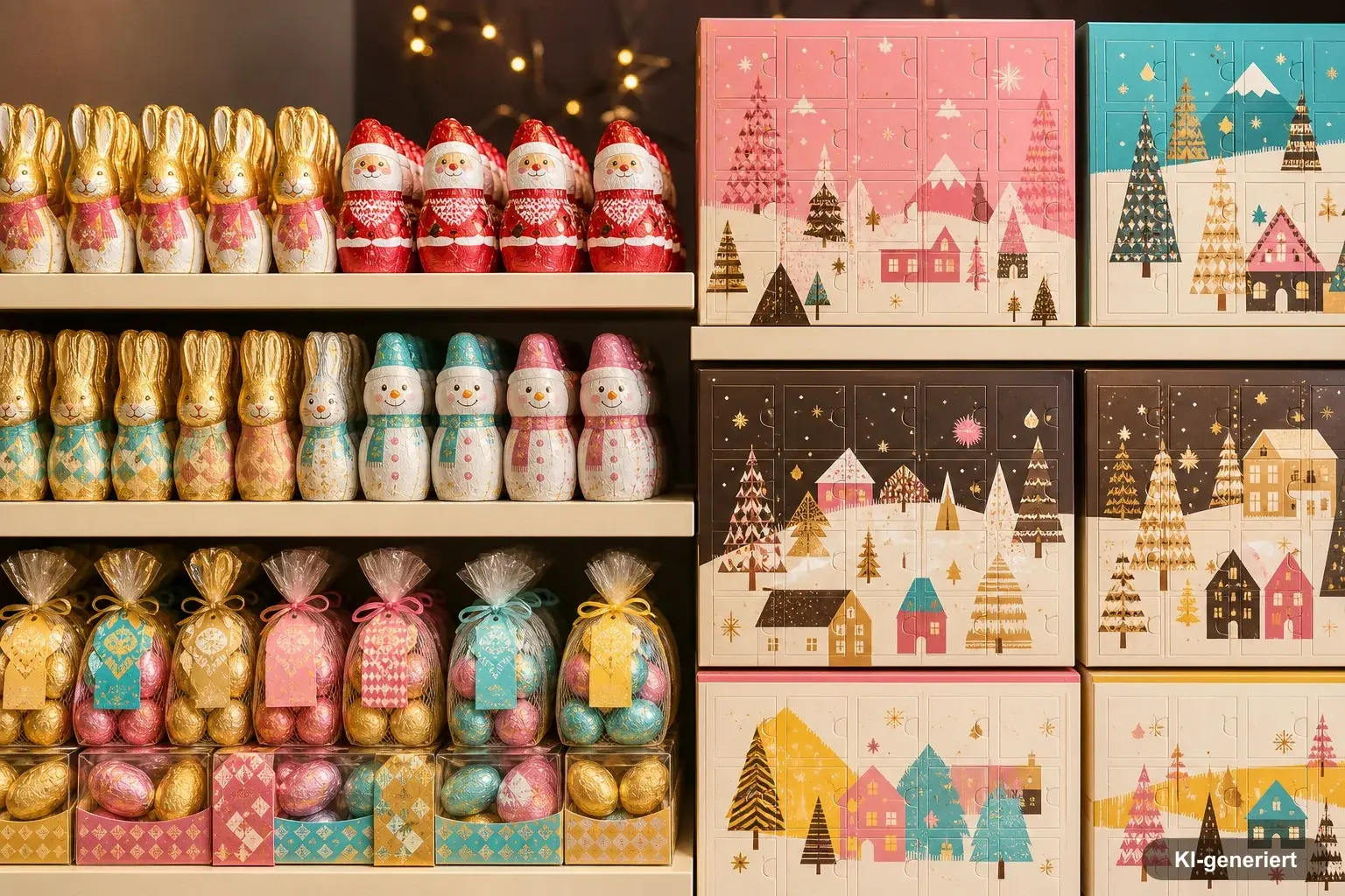 Saisonregal mit original verpackten Schoko-Osterhasen, Adventskalendern und festlichen Naschereien