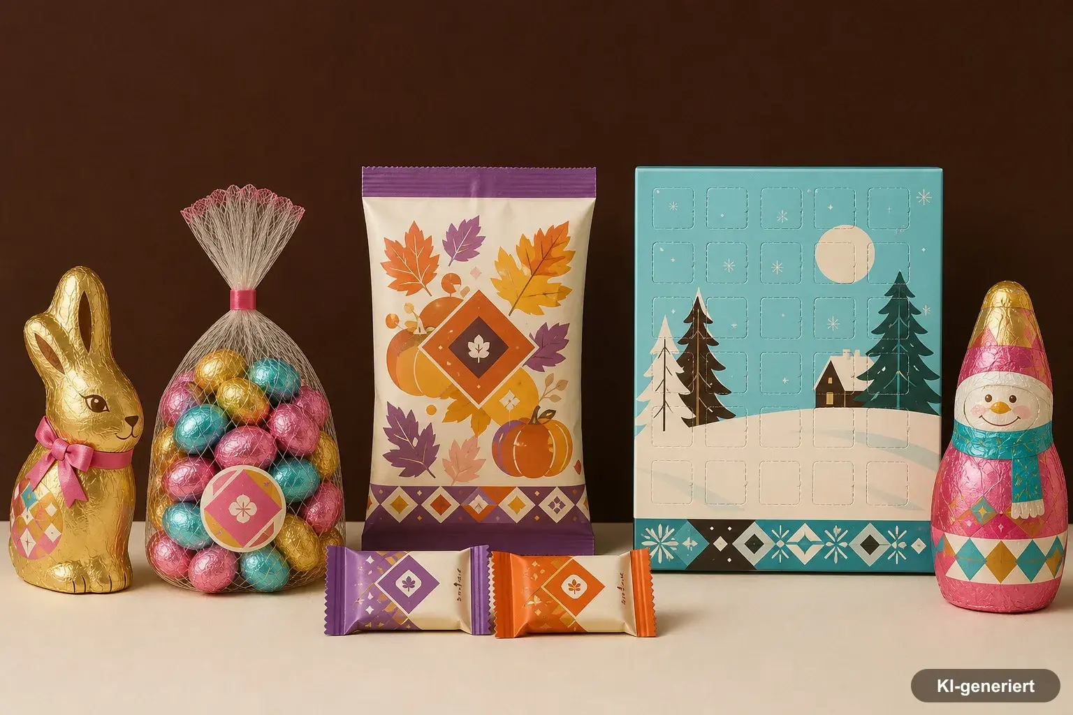 Original verpackte Saisonware nebeneinander im Regal: Schoko-Osterhase in Goldfolie, Halloween-Süßigkeiten und ein Adventskalender