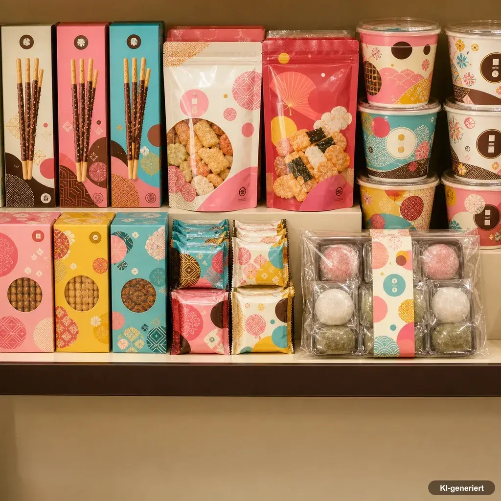 Verpackte asiatische Snacks wie Pepero-Sticks in der Regalauslage